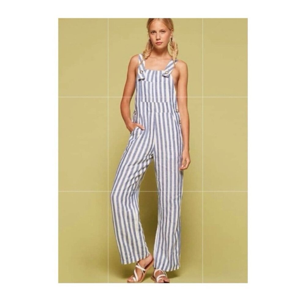 Reformation Farmer Alls Jumpsuit Blue Conductor Stripe Womens 8 EUC